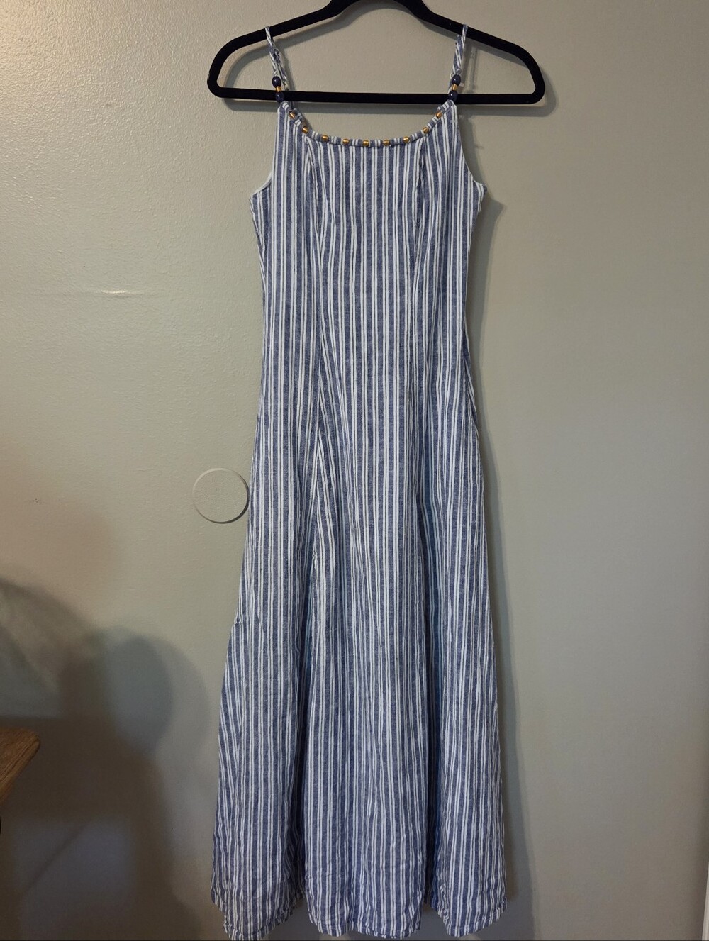Calypso St Barth Women's Linen Blend Blue Stripe Beaded Maxi Dress Pockets XXS - Picture 2 of 10